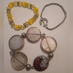 #424.  3 Piece Glass, Rhinestone & Silver Toned Bracelet Bundle.